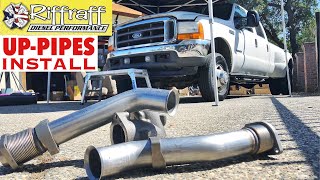 2001 F350 73  RiffRaff UpPipes Install  Stock up pipes leaking and falling apart JUNK SP [upl. by Nauqan]